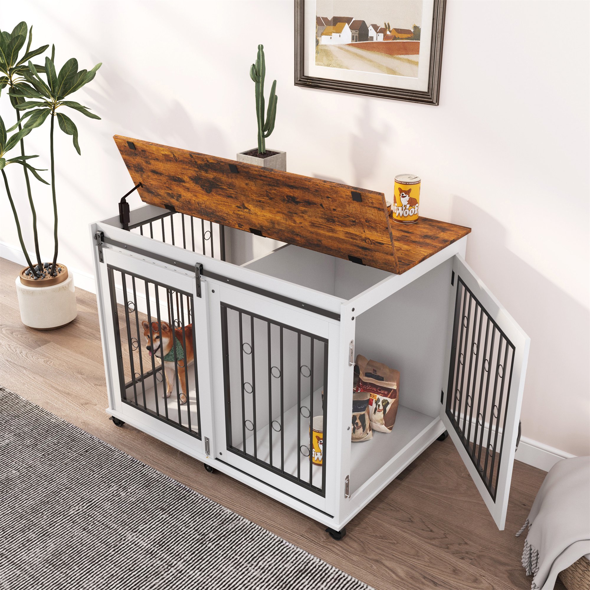 Ostreici 44" Anti-Bite Furniture Style Dog Crate Sliding Barn Door, Dog Kennel End Table w/ Wheels