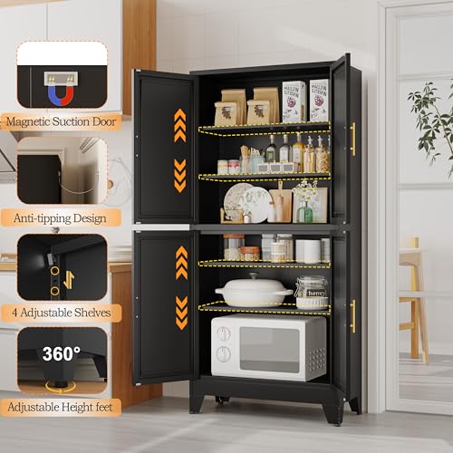 75.2" Tall Metal Pantry Cabinet, Storage Cabinets with 4 Door and 4 Adjustable Shelves, Black Kitchen Pantry Storage Cabinet