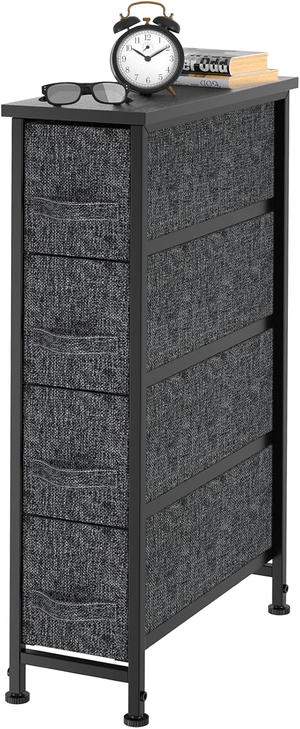 FURNINXS Narrow Vertical Dresser Chest Storage Tower with 4 Fabric Drawer Bin Organizer Unit Slim Furniture for Bedroom, Closet, Hallway, Entryway
