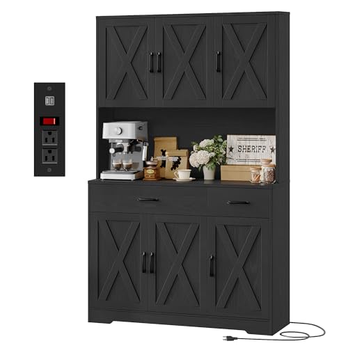 HOSTACK 71" Pantry Cabinet with Charging Station, Tall Kitchen Pantry Storage Cabinet with Microwave Stand