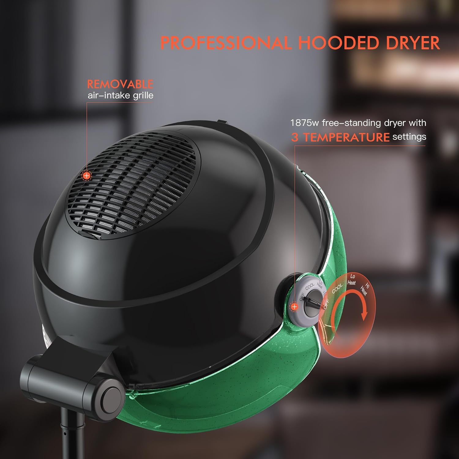 TASALON Professional Ionic Hooded 1875W Hair Dryer with 3 Temperature Settings, Transparent Glitter Visor, Side Switch, Rolling Wheels & Timer