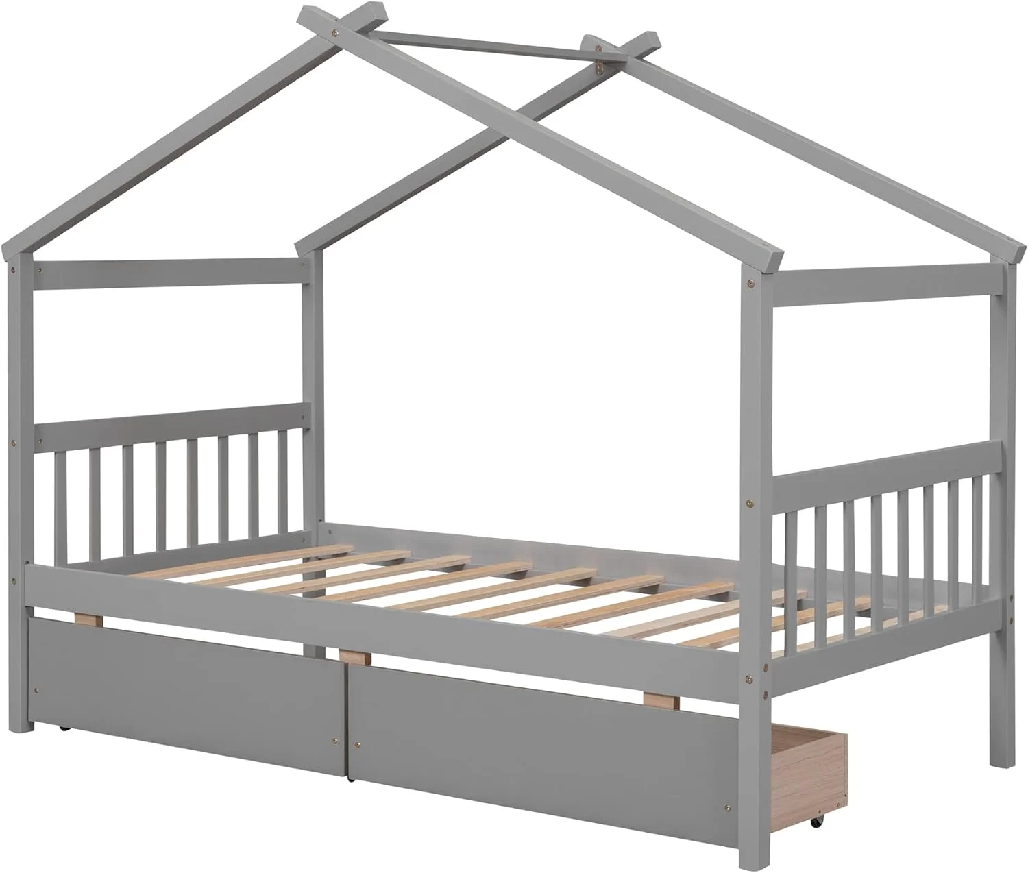 Size House Bed With Drawers, Wooden Platform Bed Frame With Headboard And Footboard, Roof Design, For Guest Room/Living Room, Gray