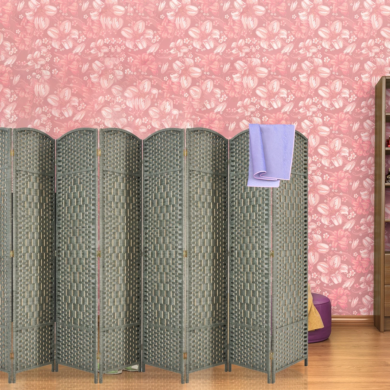 EXCITED WORK 5.7ft Wood Fiber Woven Room Divider 8 Panels, Foldable Mobile Grey Wood Room Divider, Oriental Style Furniture Space Divider