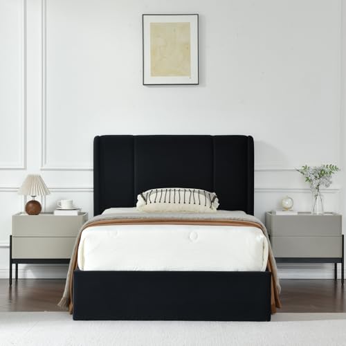 VELOCAVA Queen Size Lift Up Storage Bed with Modern Wingback Headboard, Upholstered Platform Bed with Fabric with Hydraulic Support Bars