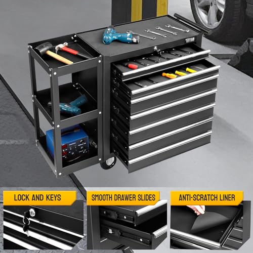 TUFFIOM 7-Drawer Rolling Tool Chest with Side Shelves, Tool Storage Side Cabinet w/Lockable Wheels, Top Cushion & Drawer Liners