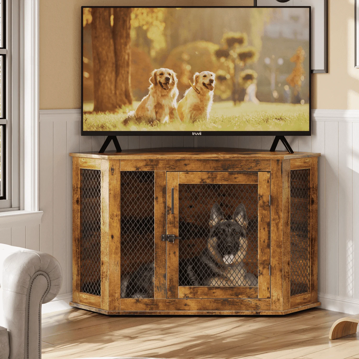 Bossin 44"Corner Dog Crate Furniture，Wooden Dog Kennel Indoor Furniture，Decorative Dog Crate