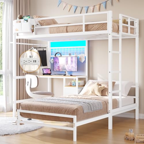 DICTAC Twin Over Twin Size Bunk Bed with Desk and Charging Station Metal Loft Bed with Led Lights & Storage Shelves and Drawers L-Shaped Bunk Bed for