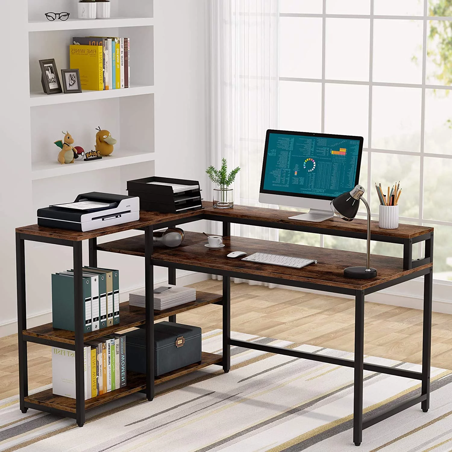 Tribesigns Reversible L Shaped Computer Desk with Hutch and Shelf Industrial Home Office Desk Rustic Brown