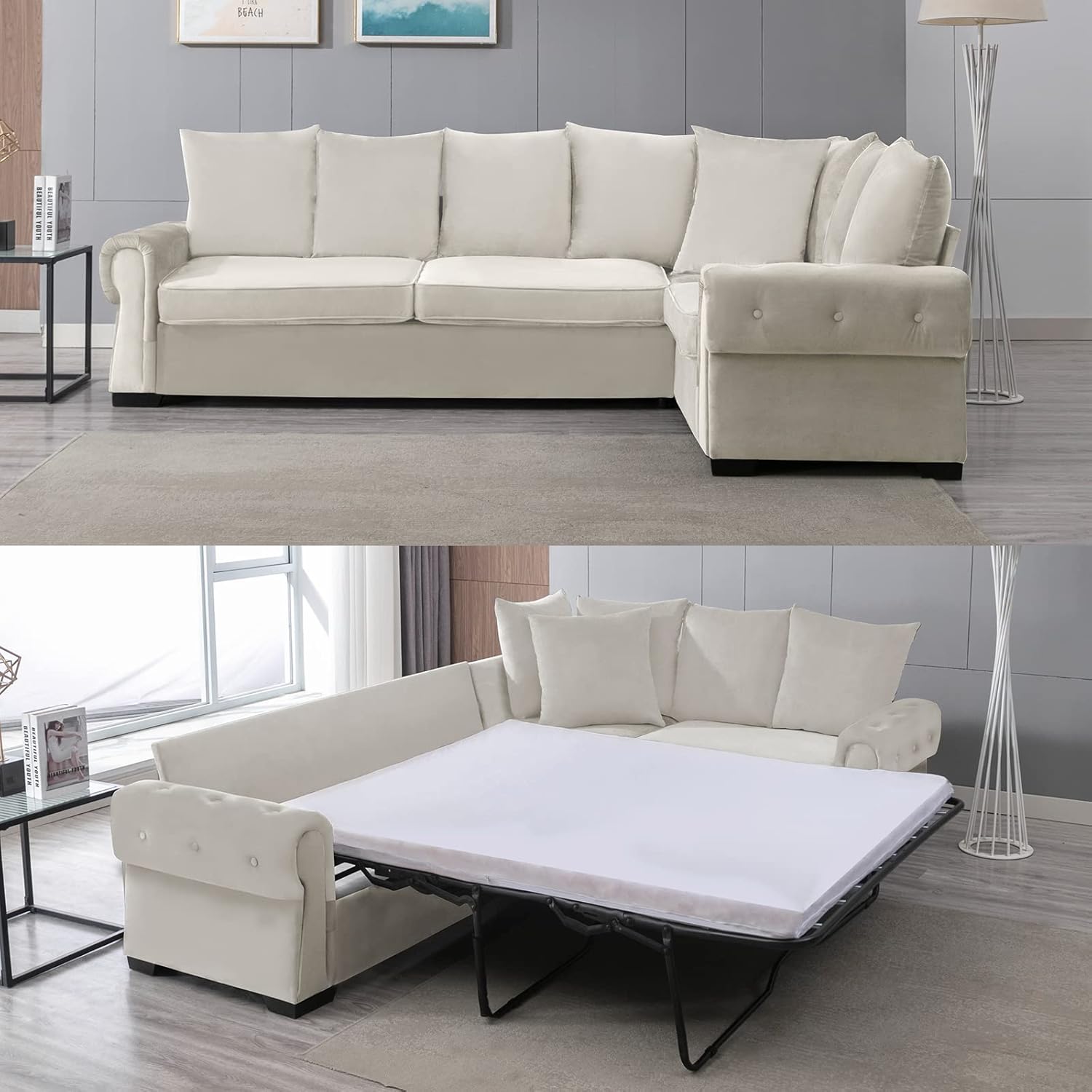 Mixoy Pull Out Sofa Bed, 2 in 1 Sleeper Sofa with Folding Foam Mattress, Multifunctional Pull Out Couch for Small Spaces, Living Room & Apartments
