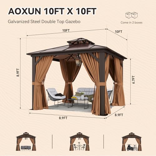 Aoxun 12'x16' Hardtop Gazebo, Aluminum Frame Permanent Pavilion with Netting and Curtains, Outdoor Polycarbonate Double Roof Canopy