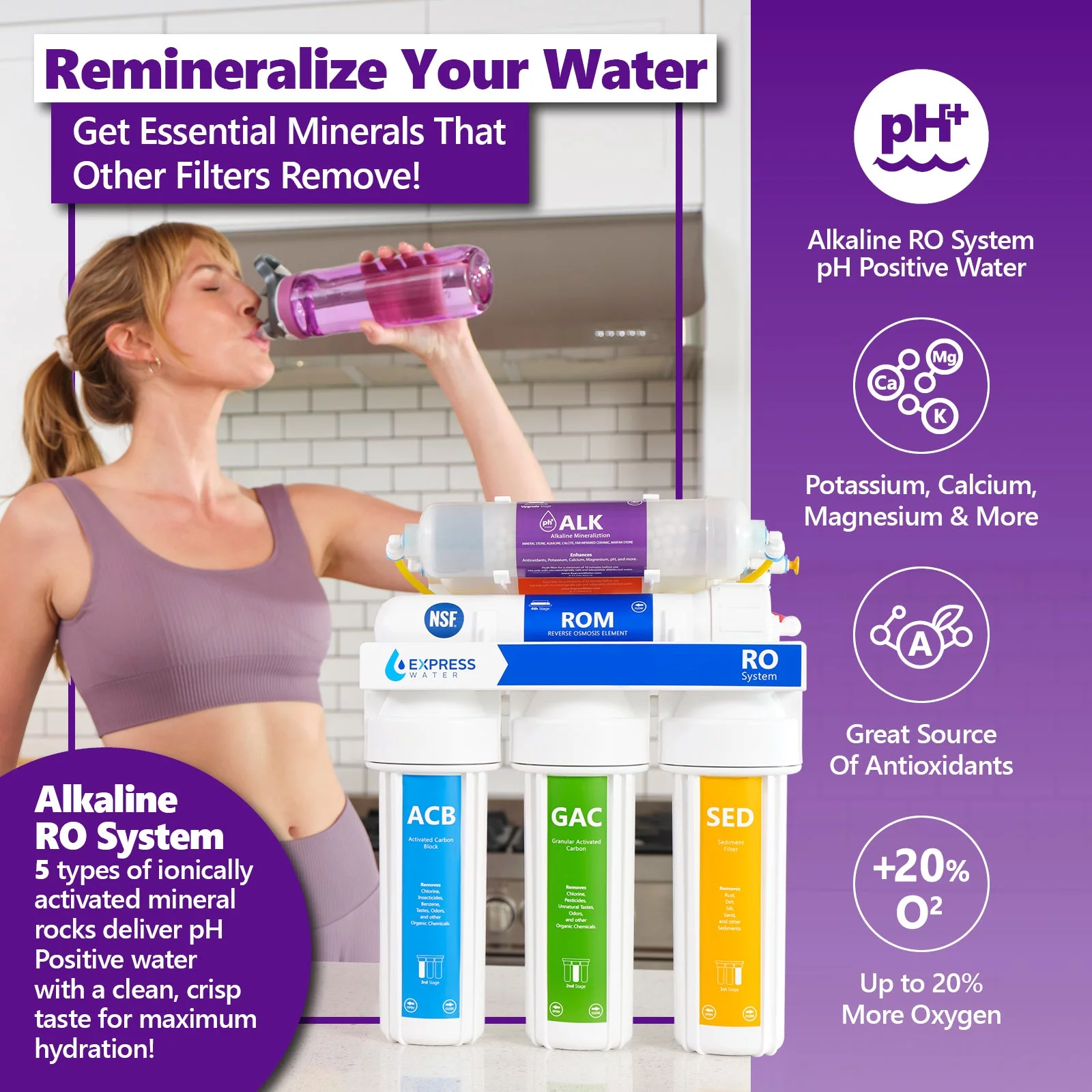 Express Water 10 Stage Home Drinking Water Filtration System Alkaline Mineral pH+ Reverse Osmosis 100 GPD RO Membrane Modern Chrome Faucet Pressure