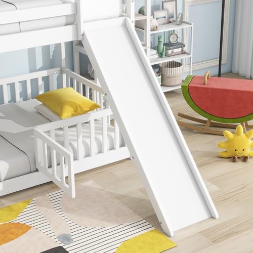 Bunk Beds Twin Over Full Size, Pine Solid Wooden Bunk Bed with Slide, Storage Staircase, Safety Guardrails for Kids, White