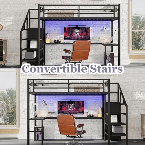 Bellemave Full Size Metal Loft Bed with L Shaped Desk and Wardrobe, Heavy Duty Loft Bed Frame with Storage Stairs