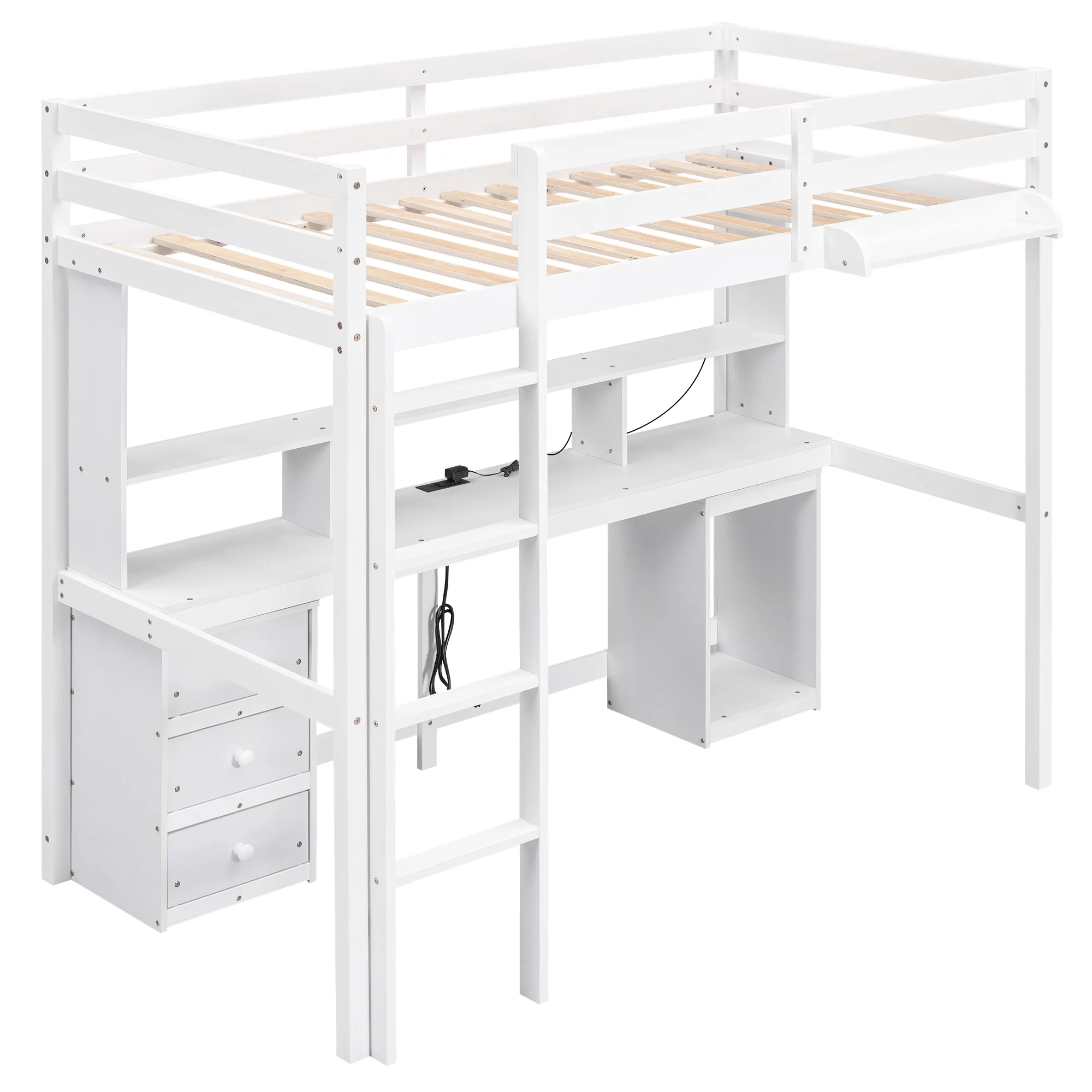 Euroco Twin Size Loft Bed with Built-in Desk, 3 Drawers and USB Charging Station, LED Light Under Bed Space
