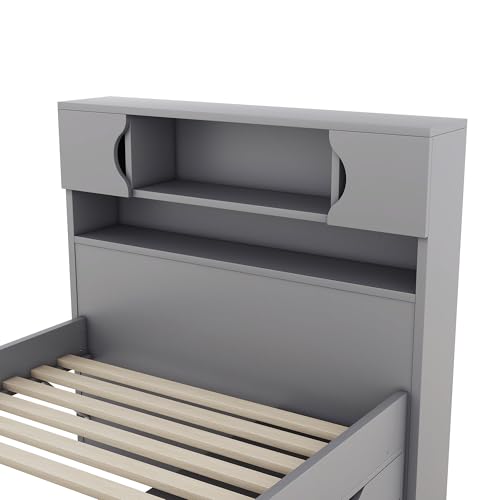 Harper & Bright Designs Twin Size Captain Platform Bed with Bookcase Headboard, Wood Twin Bed Frame with Storage Drawers and Shelves