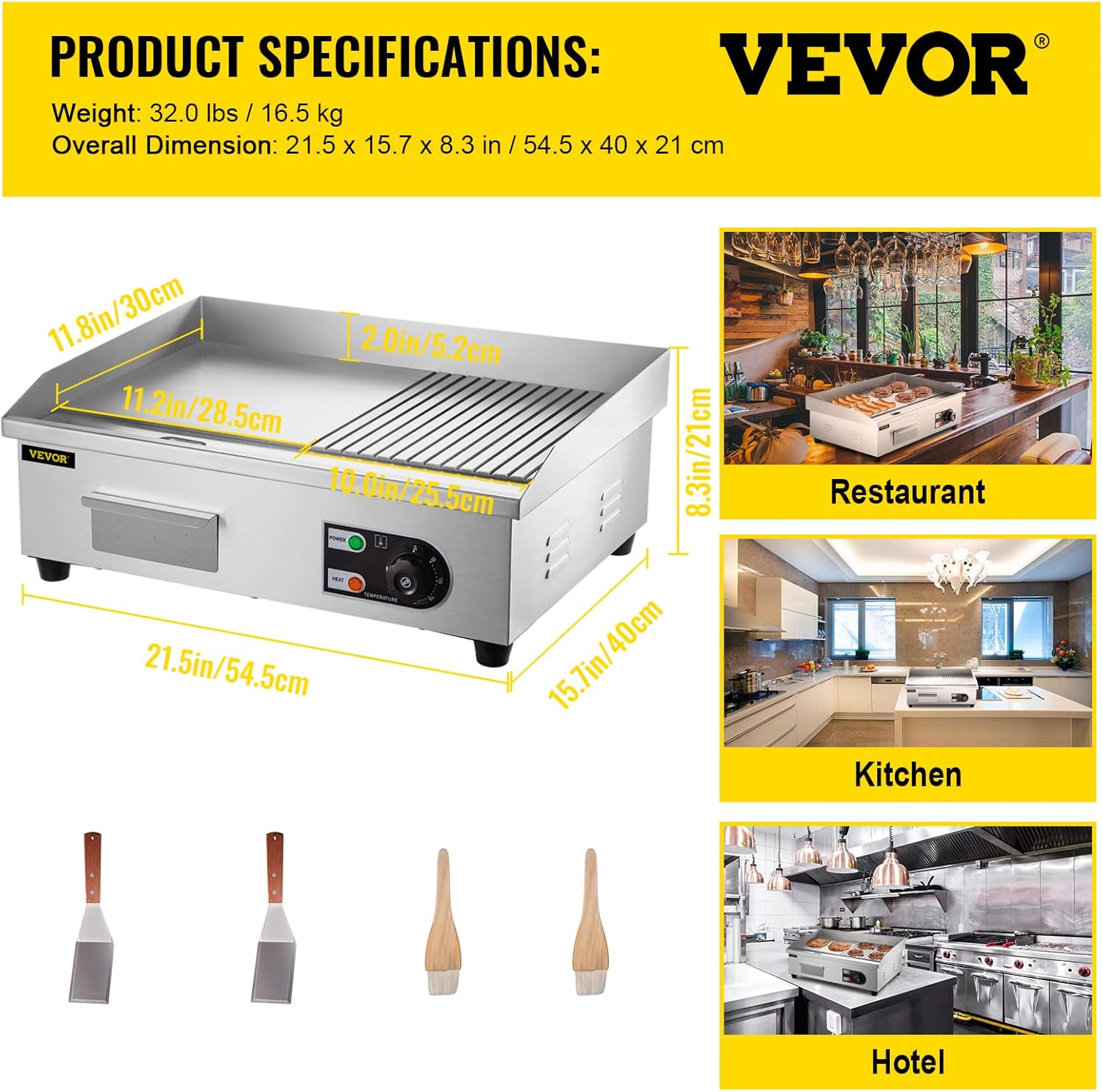 VEVOR 22" Commercial Electric Griddle, 1600W Electric Flat Top Grill, Half Grooved Teppanyaki Grill