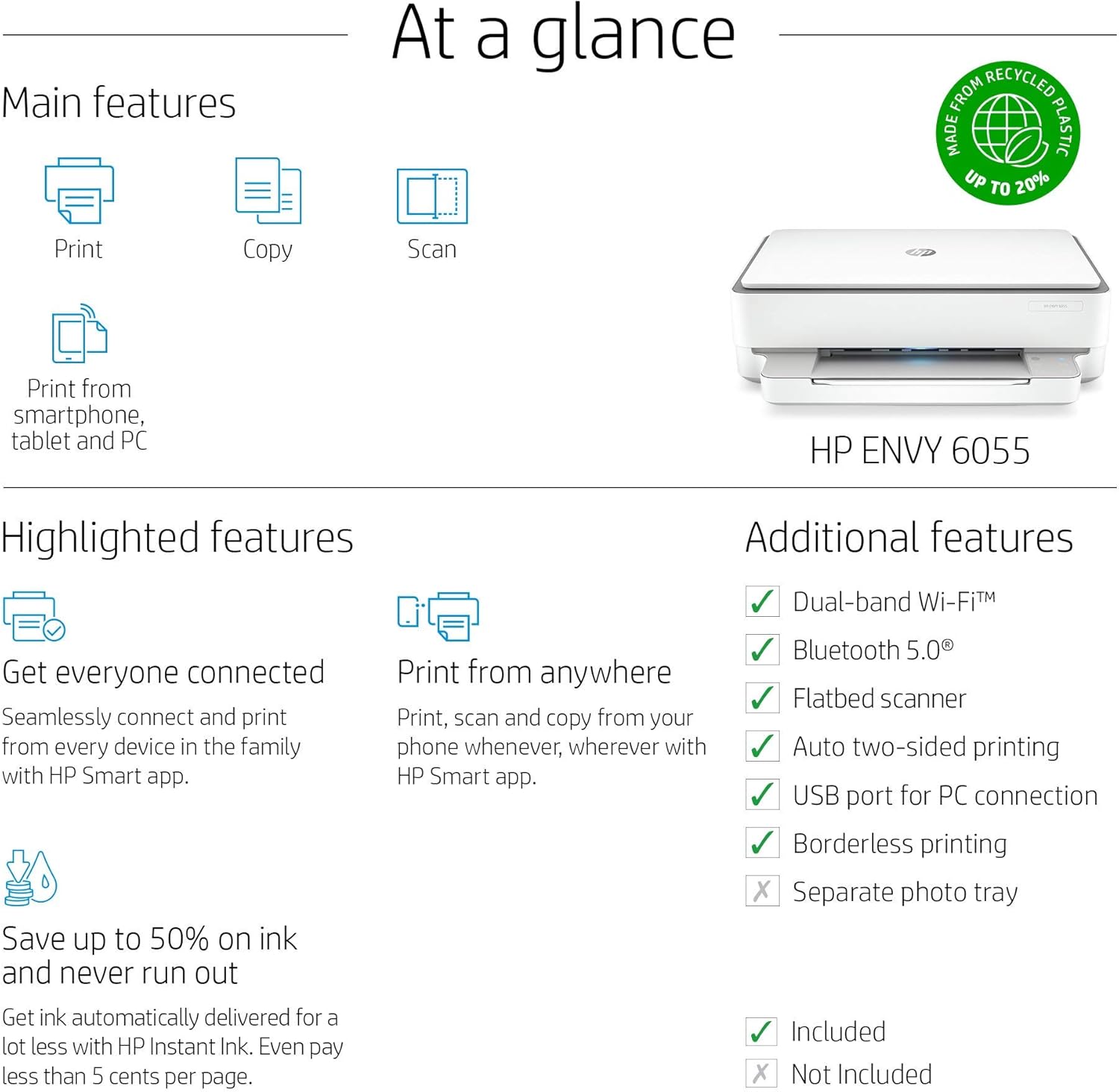 HP Envy 6055 Wireless All-in-One Printer | Mobile Print, Scan & Copy (5SE16A) (Renewed)