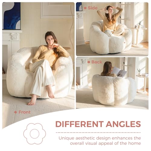 MAXYOYO Bean Bag Chair for Adults, Floral Shaped Bean Bag Sofa, Ultra Soft Faux Fur Floor Sofa, Large Reading Chair for Living Room Bedroom, Beige