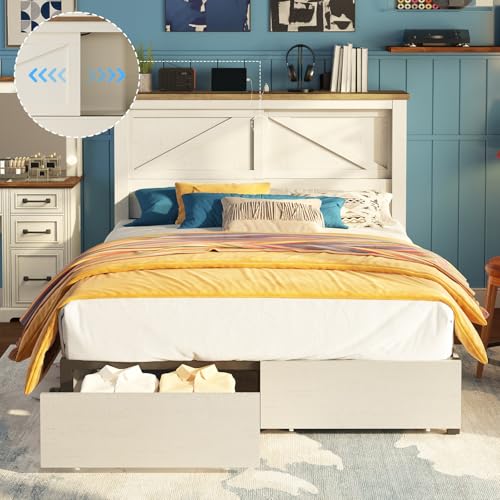 AMERLIFE 47.2" H King Bed Frame with Hidden Space Bookcase Headboard and Charging Station, Beds with 2 Storage Drawers and Wood Slats