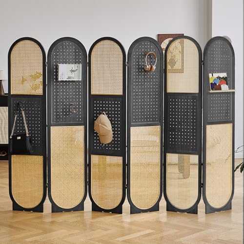 4 Panel Room Dividers and Folding Privacy Screens, 5.6Ft Wooden Pegboard Display, Privacy Dividers for Bedroom