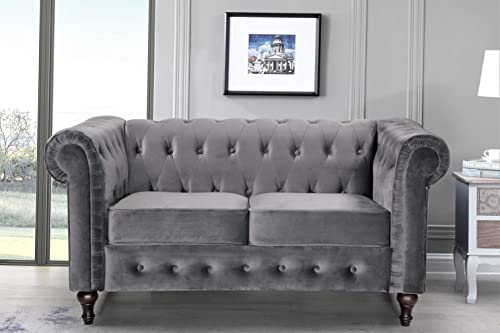 Teressa 3-Piece Velvet Chesterfield Sofa Set for Living Room, Apartment or Office, Includes Mid Century Modern Couch, Loveseat and Accent Chair, Grey