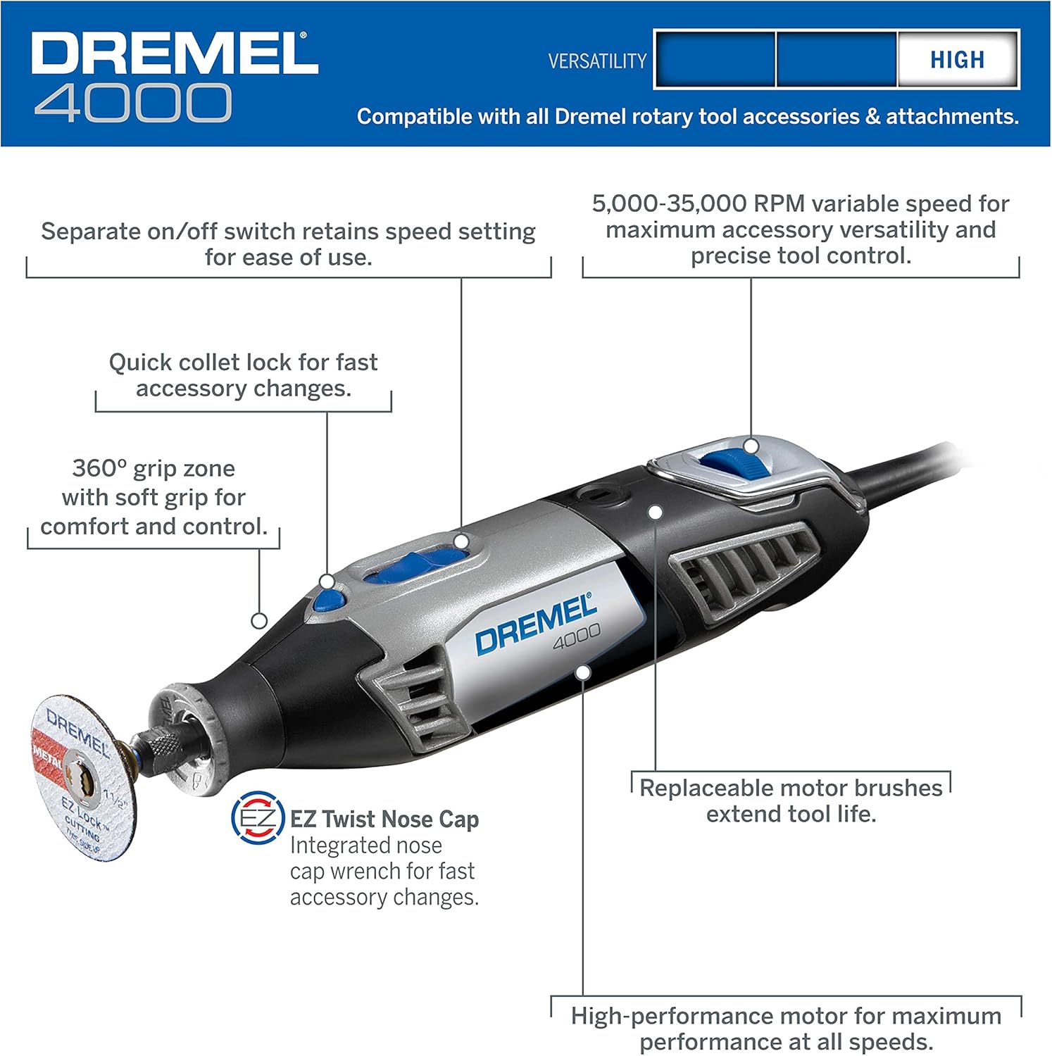 Dremel 4000-2/30 High Performance Rotary Tool Kit- 2 Attachments & 30 Accessories- Grinder, Sander, Engraver- Perfect for Routing, Black, Full Size