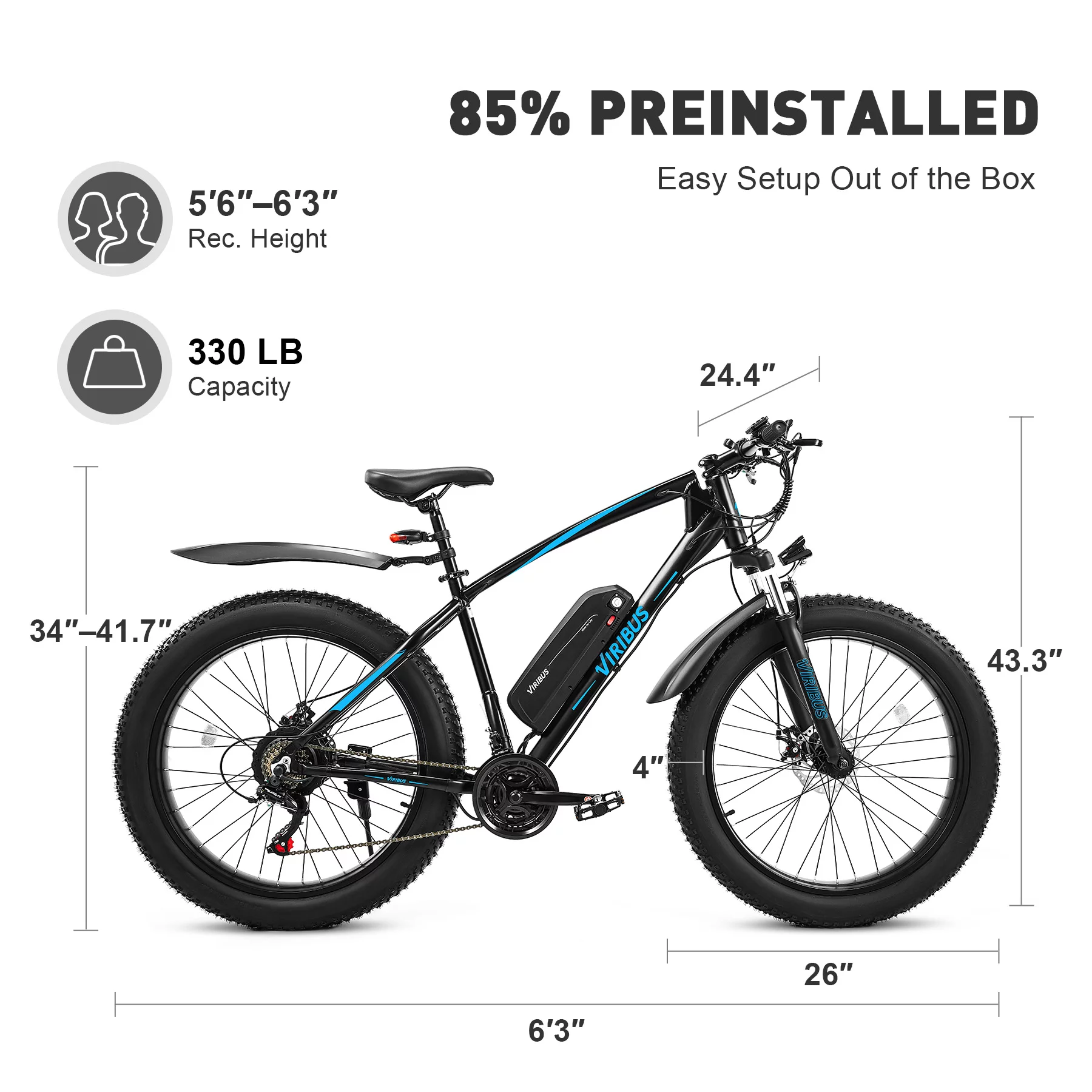 Viribus Electric Mountain Bike for Adults 26" 500W Fat Tire eBike with 36V Battery Blue