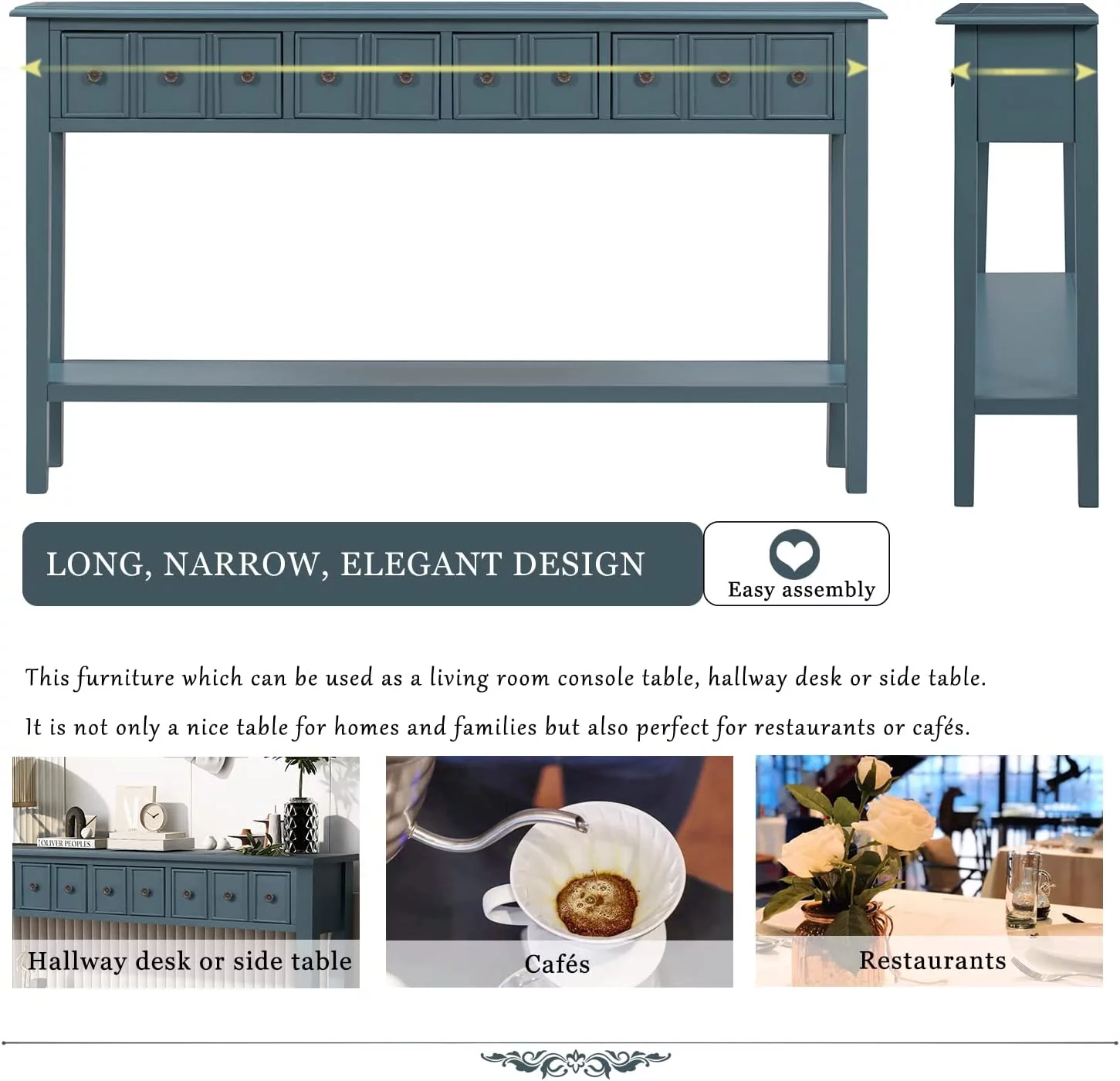 Console Table  Rustic Entryway Table  60" Long Sofa Table with 2 Different Size Drawers and Bottom Shelf for   Navy