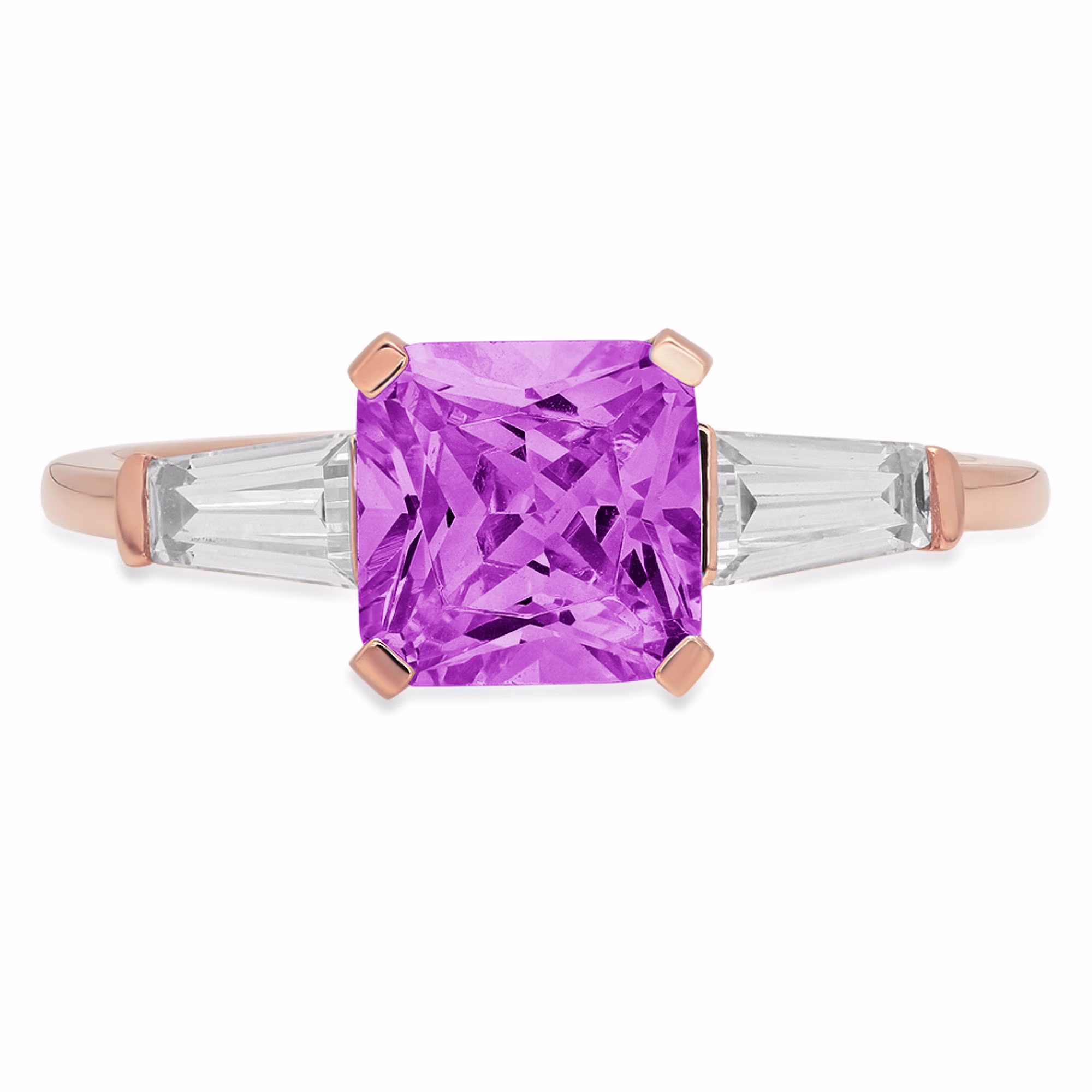 1.62ct SQ Emerald Cut Purple Simulated Alexandrite 18k Rose Gold Engraving Statement Anniversary Engagement Wedding 3 stone Ring Size 3.5