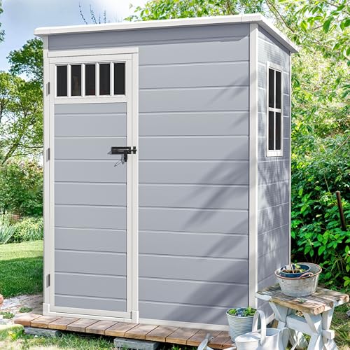 DWVO 6x4.4 FT Resin Storage Shed with Fence-Style and Side Windows, Lockable Door, and Vents for Garden, Backyard, Patio, Lawn, Brown
