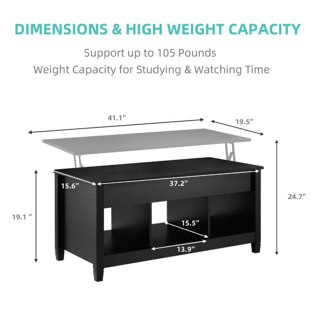 MYDENIMSKY Lift Top Coffee Table, Rising Dining Table Hidden Storage Compartment &3 Open Shelves,Coffee Table Lift Top for Reception & Living Room