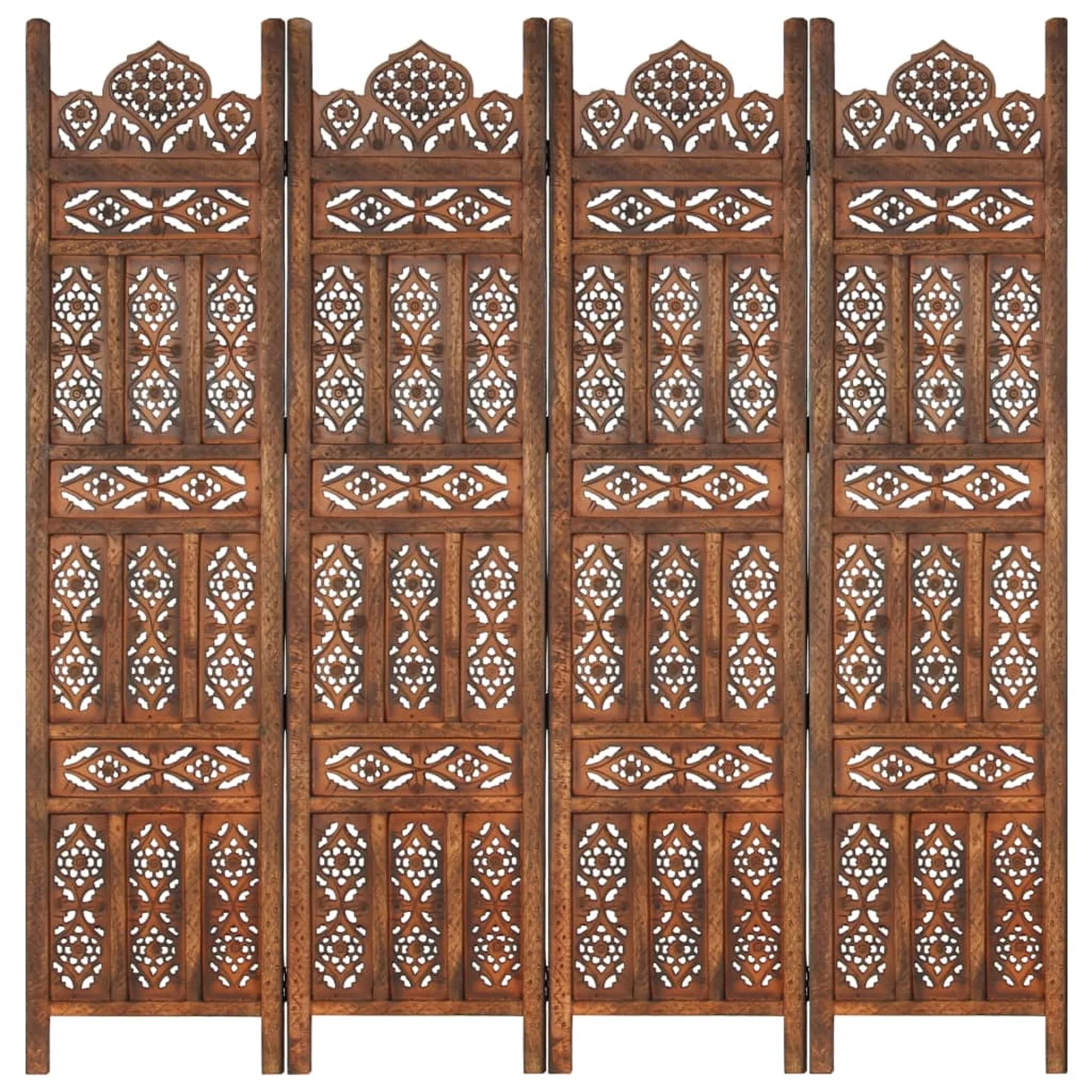 Anself Hand Carved 4-Panel Room Divider Freestanding Room Partition Panel Folding Screen Mango Wood Brown for Bedroom, Bathroom, Living Room