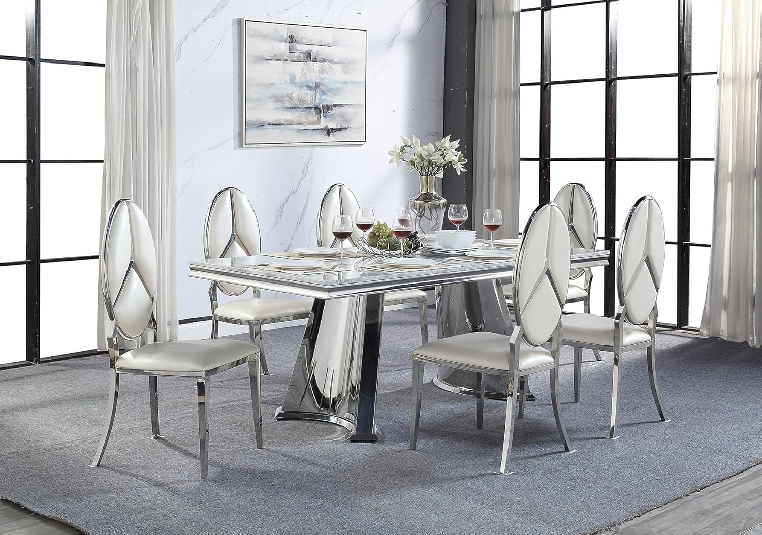 Acme Destry Dining Table in Faux Marble Top and Mirrored Silver