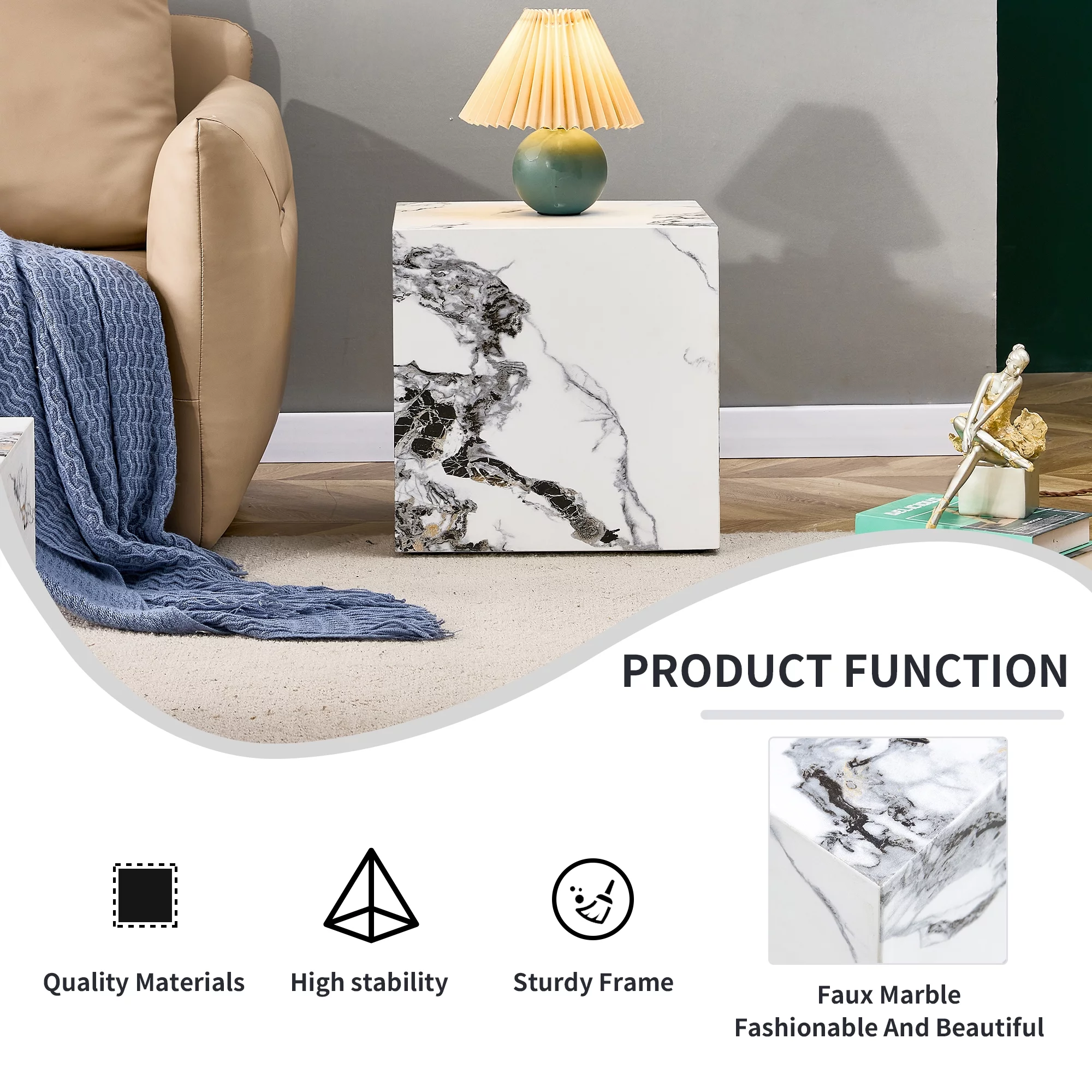 15.75 inches Modern White Cube Coffee Table - Stylish Texture Design, MDF + Sticker Material Construction