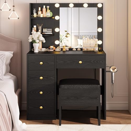 IRONCK Vanity Desk with Mirror and Lights, Small Makeup Vanity Table with 5 Drawers, Power Outlet, and Vanity Stool, 3 Lighting Colors