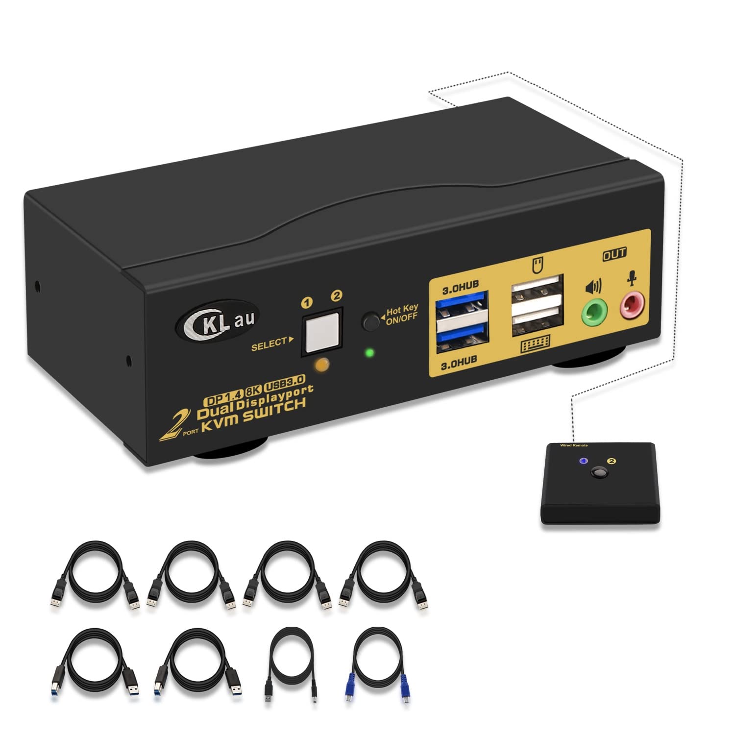 CKLau 2 Port USB 3.0 Displayport KVM Switch DP 1.4 for 2 Computers Support 4K@144Hz, 8K@30Hz with Audio and Cables Supports Keyboard Mouse Switching