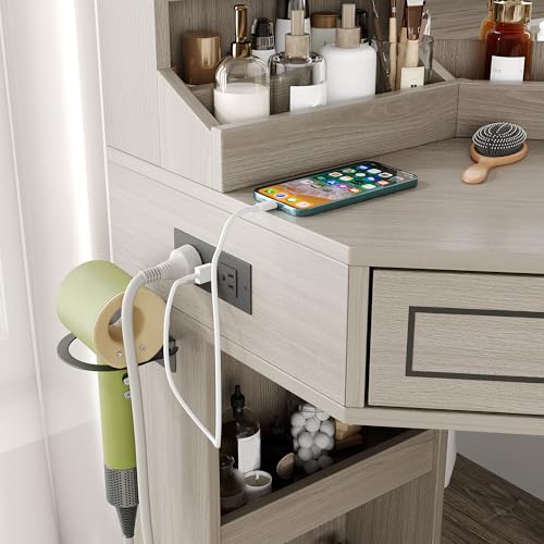 Makeup Vanity Desk, Corner Vanity Desk with HD LED Mirror, Lots Storage Shelves, 2 Drawers & Cabinets, Vanity with Charging Station
