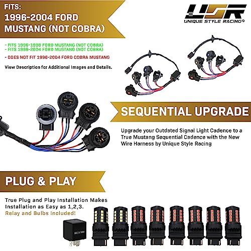 USR 96-04 Mustang V6/GT Plug and Play Tail Light Wire Harness for Sequential Signal + Total of 8 Cabnus LED Bulbs for Red Brake + White Reverse (Left