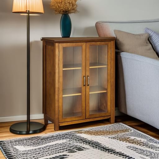Teamson Home Avery Wooden Freestanding Floor Cabinet with 2 Adjustable Shelves 3 Storage Spaces 2 Glass Paneled Doors and 2 Antique Brass Knobs
