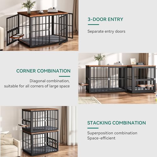 YITAHOME 88.6" Large Corner Dog Crate Furniture for 2 Dogs, Large Wooden Dog Kennel with Dog Bowls & 3 Doors