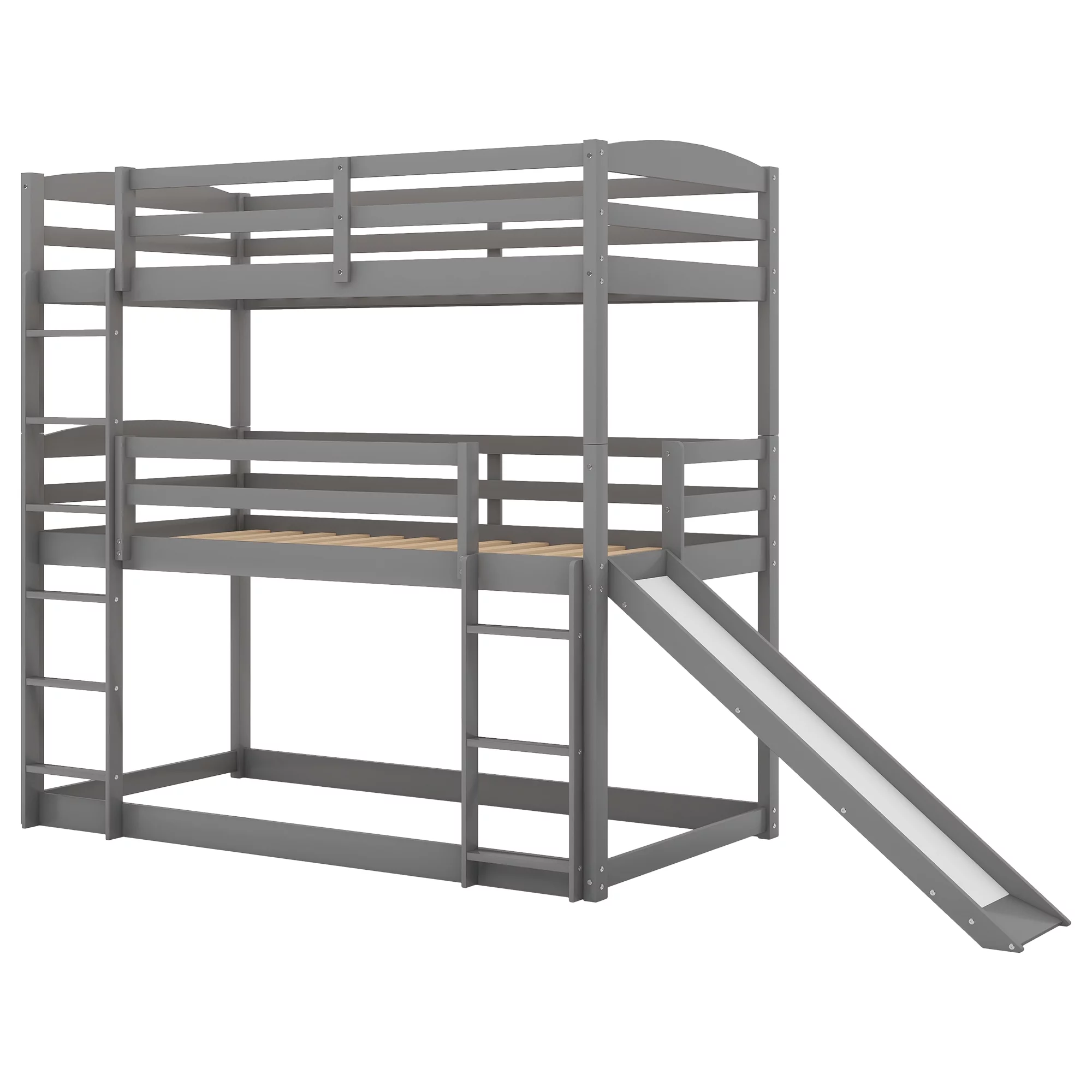 Merax Wood Twin-over-Twin-over-Twin Floor Triple Bunk Bed for Kids Room, Gray
