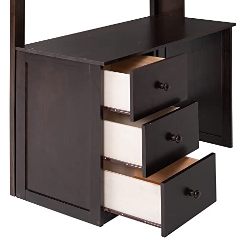 Loft Bed with Desk and Wardrobe Full Size Loft Beds Frame with Storage Drawers Cabinet Wood All in One Beds for Kids Boys Girls Teens Bedroom Dorm