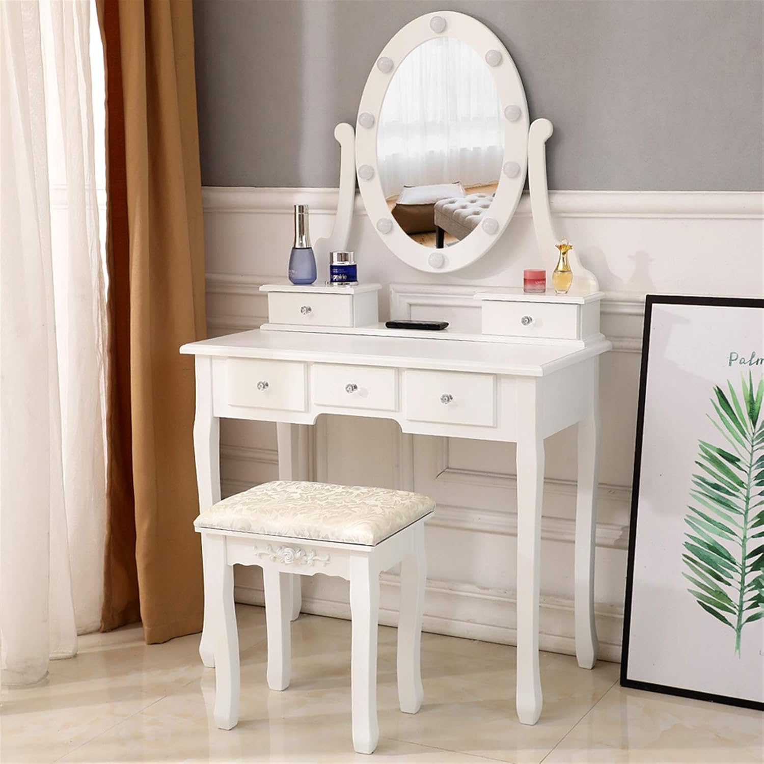 White Lighted Makeup Vanity Set - Makeup Desk with 360° Rotating Oval Mirror and Cushioned Stool - Make-up Vanity Station with Removable Top