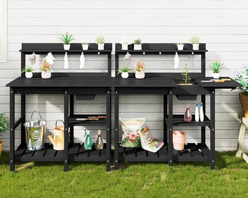 SERWALL Potting Bench Outdoor Potting Table with Sink, HDPE Potting Benches for Outside Gardening Table All Weather Use- Black