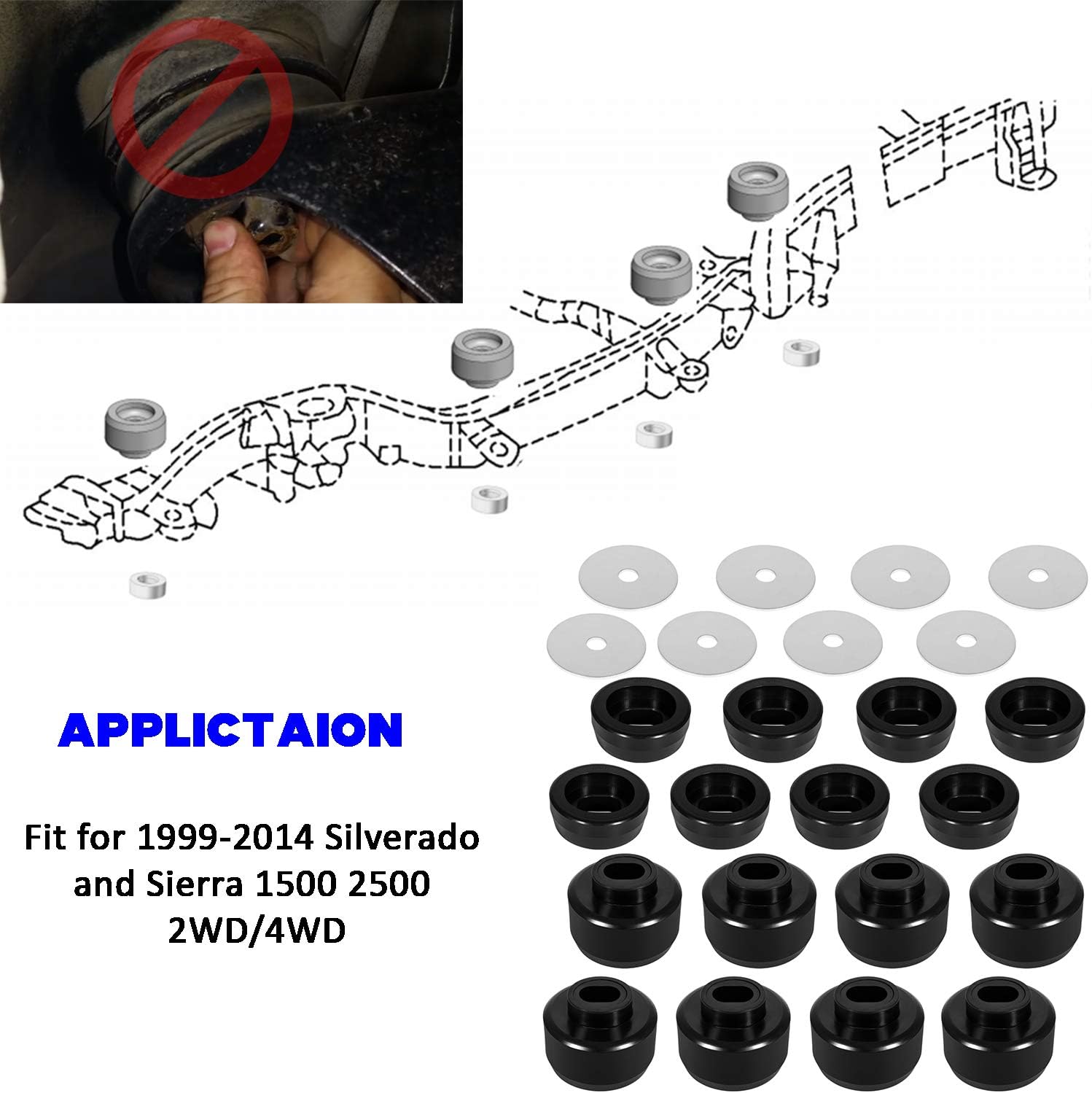 7-141 Body and Cab Mount Bushing Kit Black Polyurethane 24Pcs for 1999-2014 Silverado and Sierra 1500 2500 2WD/4WD Pack of 2