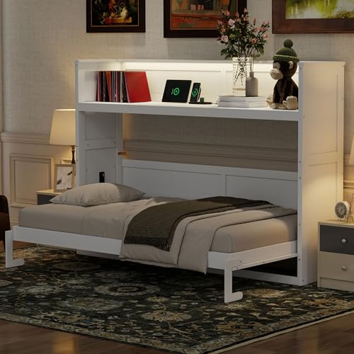 Queen Size Farmhouse Murphy Bed Cabinet with Charging Station, Foldable Platform Bed Frame with 2 Storage Drawers