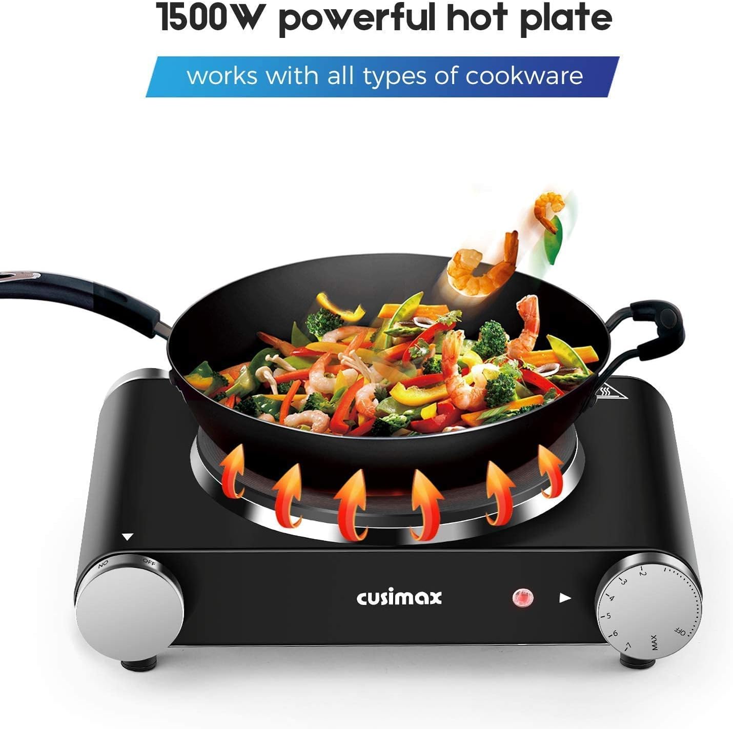 Cusimax Hot Plate Electric Burner Single Burner Cast Iron hot plates for cooking Portable Burner 1500W with Adjustable Temperature Control Stainless