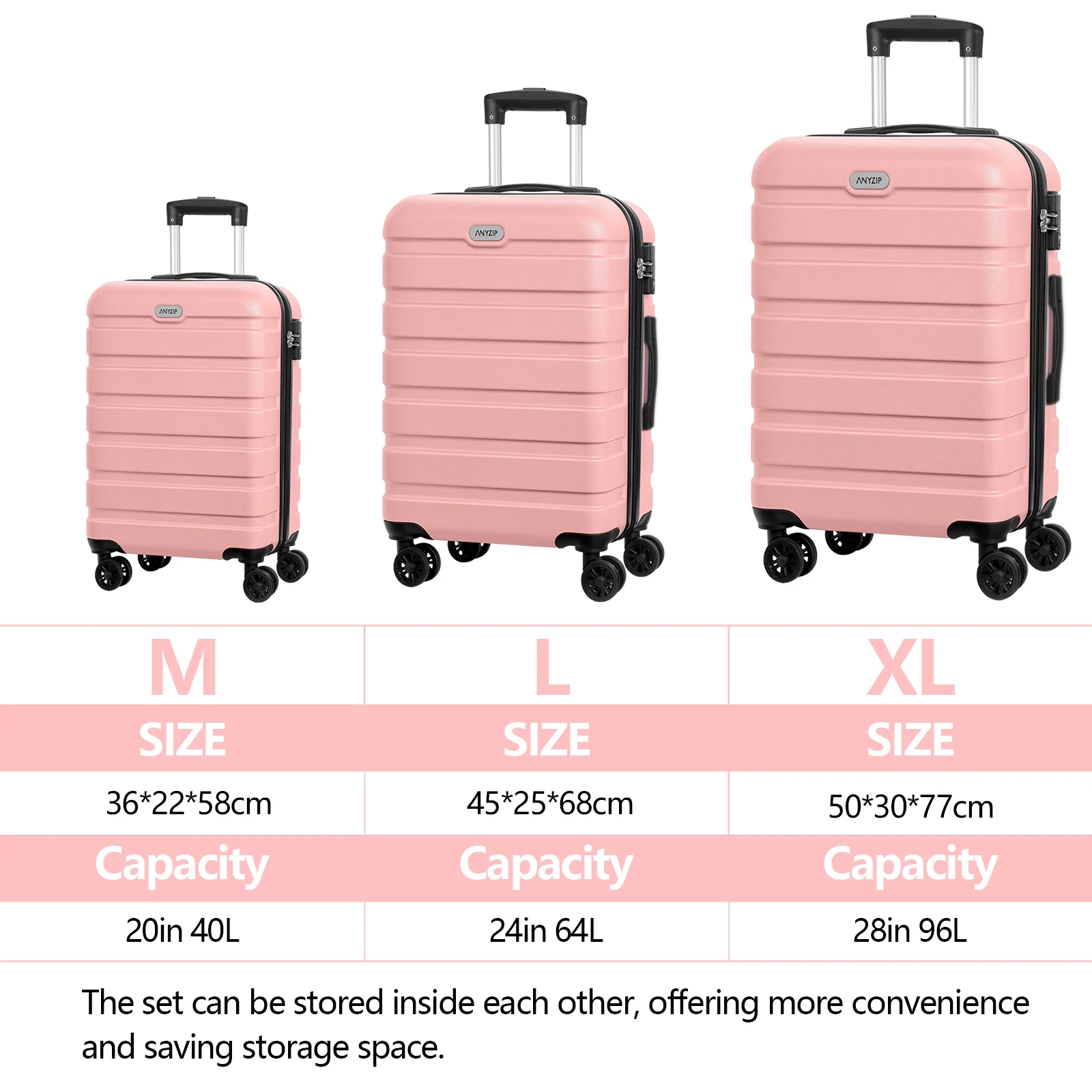 AMZFUN 3PCS Luggage Sets,PC+ABS Hardside Lightweight Suitcase with Silent Universal Wheels, TSA Lock Carry On Luggage 20/24/28 Inch Pink