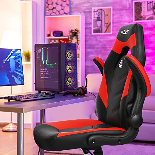 N-GEN Video Gaming Computer Chair Ergonomic Office Chair Desk Chair with Lumbar Support Flip Up Arms Adjustable Height Swivel PU Leather Executive
