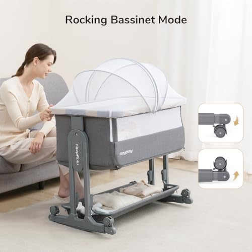 Maydolly Baby Bassinet, 3-in-1 Rocking Bassinet Bedside Sleeper with Wheels, Mattress, Sheet, 7 Height Adjustable